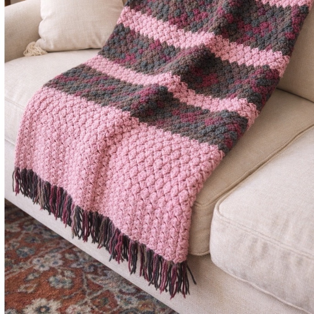 Handmade Crochet Throw Blanket Pink Magenta Striped Boho Fringe Popcorn Stitch